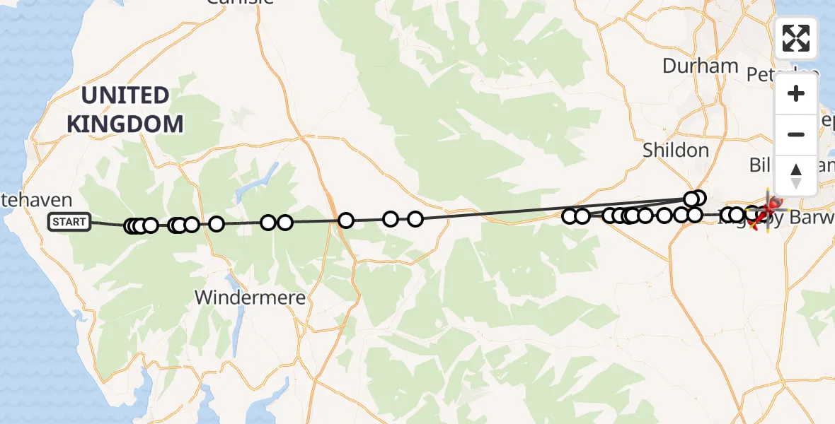Flight route Air Ambulance Helicopter Ennerdale and Kinniside - Egglescliffe, 26 May 2026, 16:52