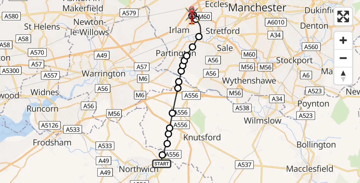 Flight route Air Ambulance Helicopter Lostock Gralam - Irlam, 26 May 2026, 16:57