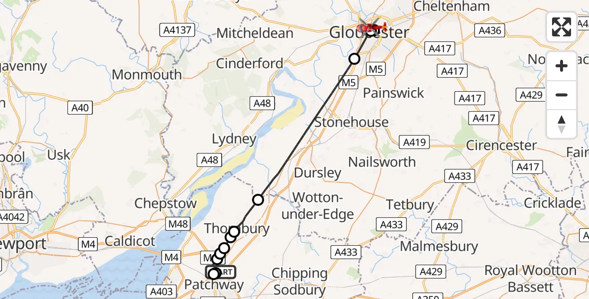 Flight route Air Ambulance Helicopter Almondsbury Helicopter Base - Gloucester, 26 May 2026, 17:06