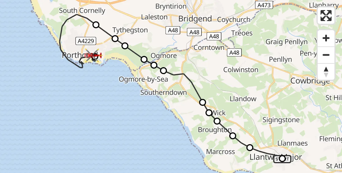 Flight route Air Ambulance Helicopter Boverton - Newton, 26 May 2026, 17:14