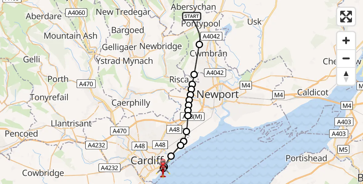 Flight route Air Ambulance Helicopter Pontypool - Cardiff Heliport, 26 May 2026, 17:15