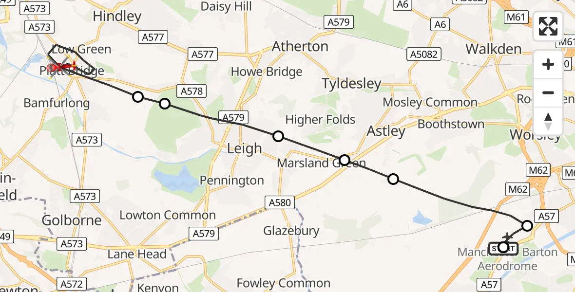 Flight route Air Ambulance Helicopter Manchester Barton Aerodrome - Wigan, 26 May 2026, 17:15