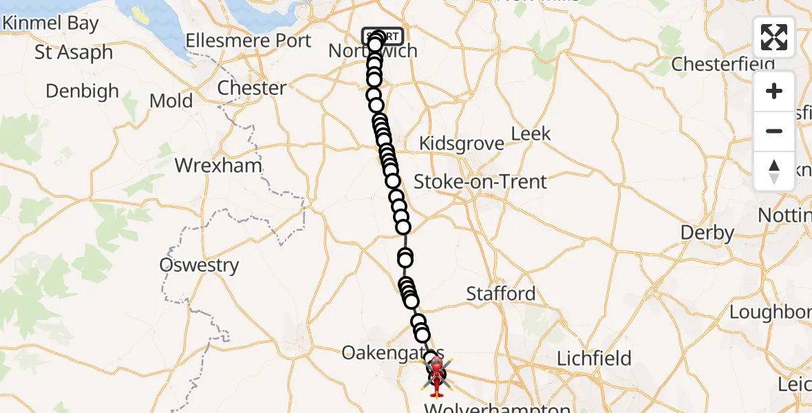 Flight route Air Ambulance Helicopter Wincham - Tong, 26 May 2026, 17:17