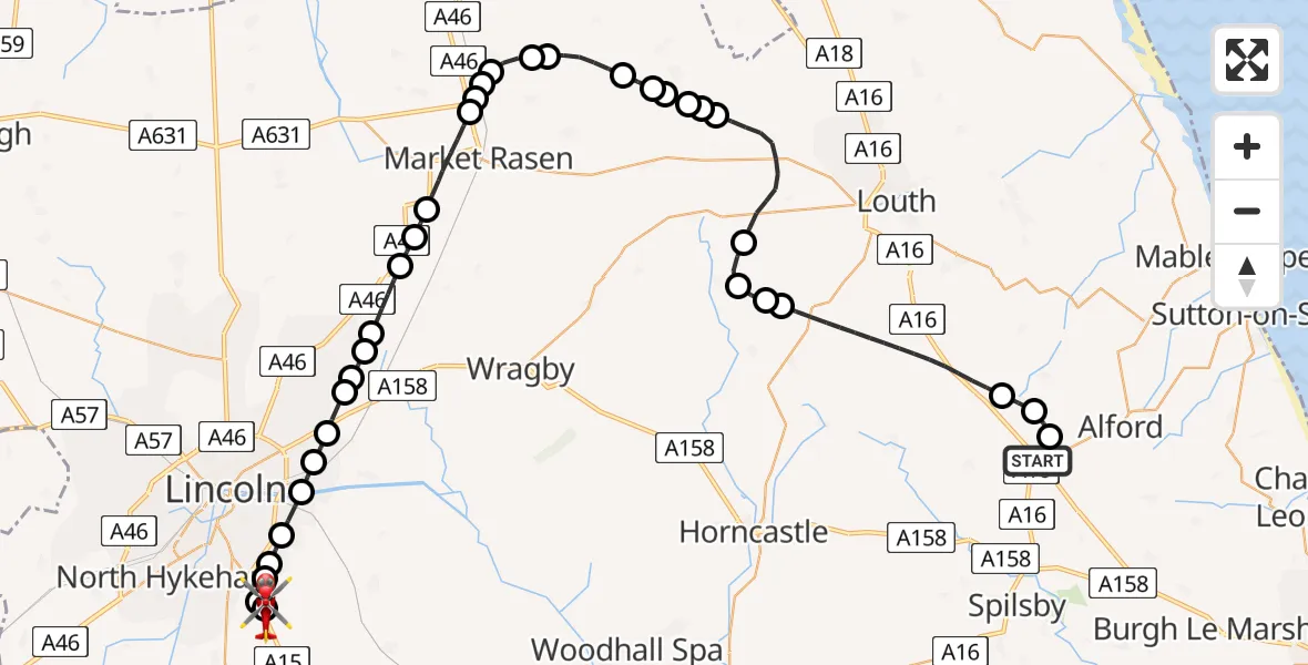 Flight route Air Ambulance Helicopter Ulceby - North Kesteven, 26 May 2026, 17:22