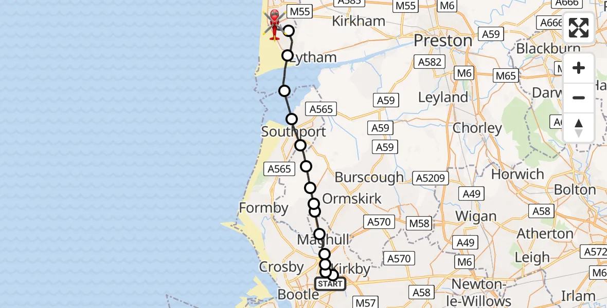 Flight route Air Ambulance Helicopter Aintree University Hospital Heliport - Blackpool Airport, 26 May 2026, 17:29