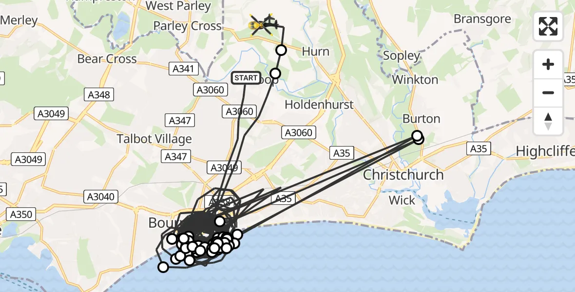 Flight route Police Helicopter Bournemouth - Bournemouth Airport, 26 May 2026, 17:30