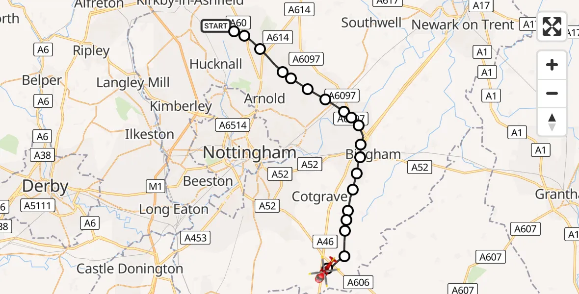 Flight route Air Ambulance Helicopter Newstead CP - Nottingham Heliport, 26 May 2026, 17:52