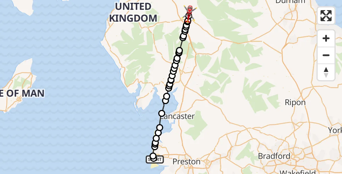 Flight route Air Ambulance Helicopter Blackpool Airport - Edenhall, 26 May 2026, 17:55