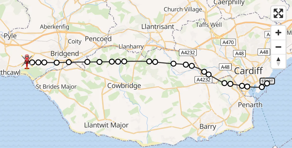 Flight route Air Ambulance Helicopter Cardiff Heliport - Tythegston, 26 May 2026, 17:55