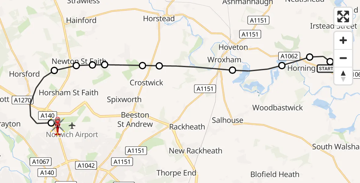 Flight route Air Ambulance Helicopter Horning - Norwich Airport, 26 May 2026, 17:56