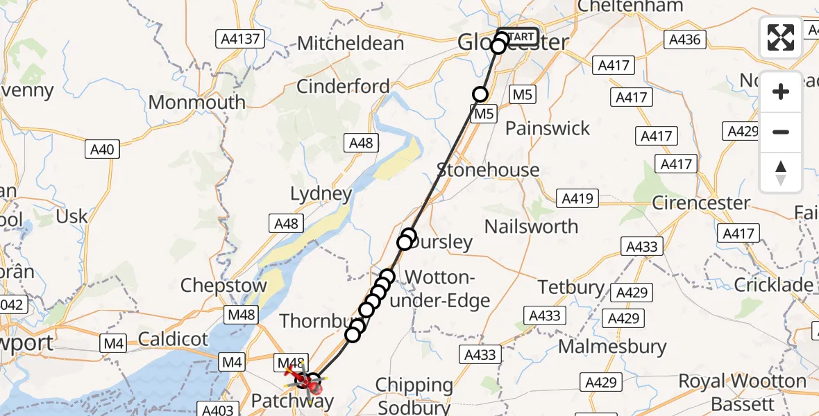 Flight route Air Ambulance Helicopter Gloucester - Almondsbury Helicopter Base, 26 May 2026, 18:05