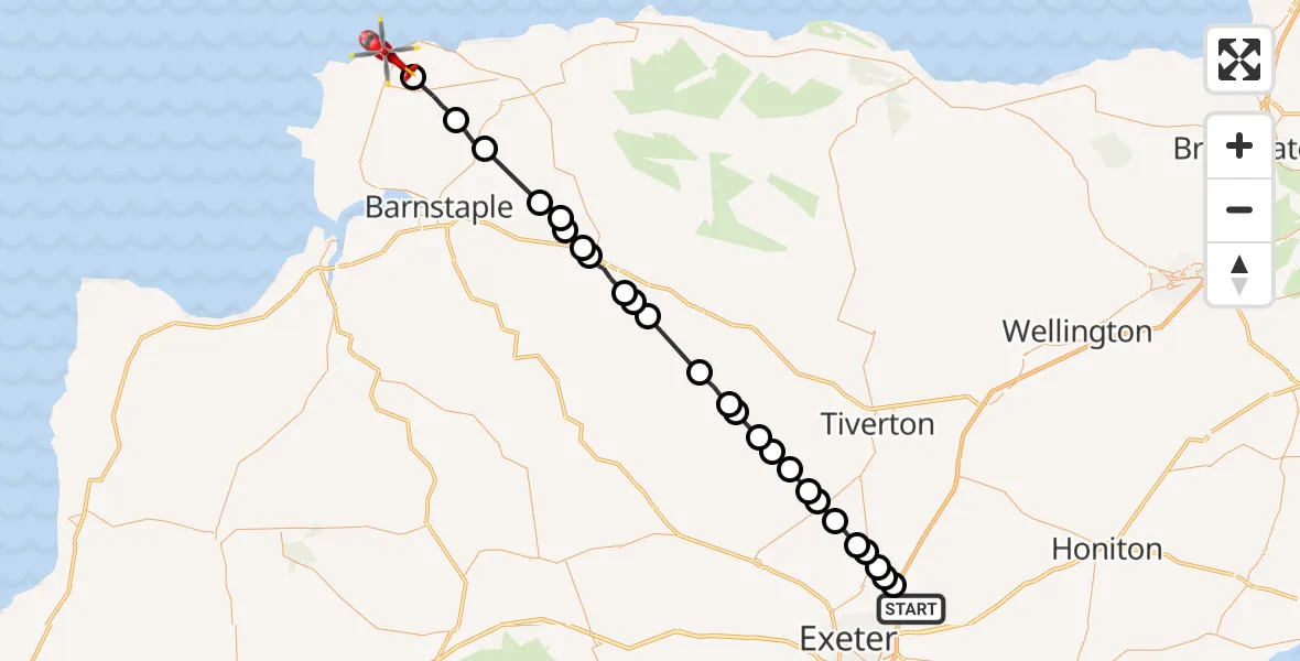 Flight route Air Ambulance Helicopter Broadclyst - Ilfracombe, 26 May 2026, 18:08