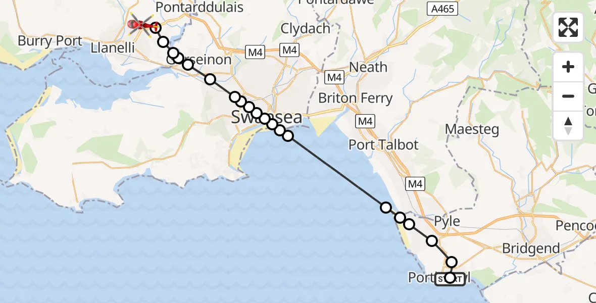 Flight route Air Ambulance Helicopter Porthcawl - Dafen, 26 May 2026, 18:20