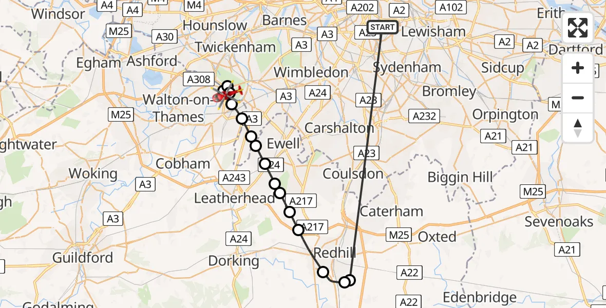 Flight route Air Ambulance Helicopter Kings College London Hospital - Thames Ditton, 26 May 2026, 18:32