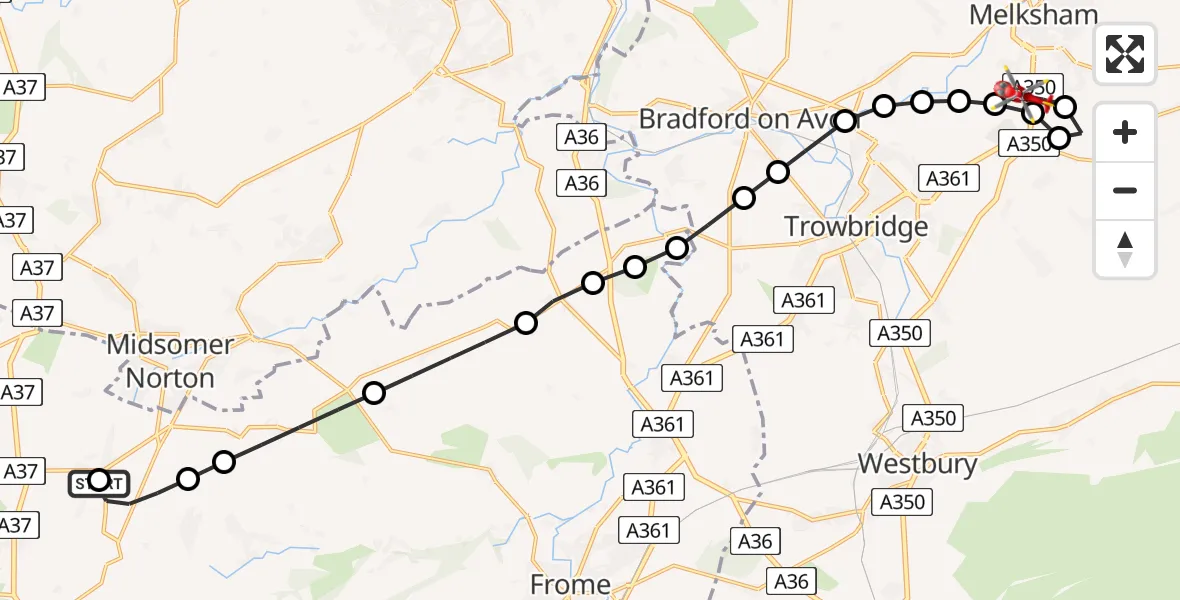 Flight route Air Ambulance Helicopter Chilcompton - Melksham, 26 May 2026, 18:37