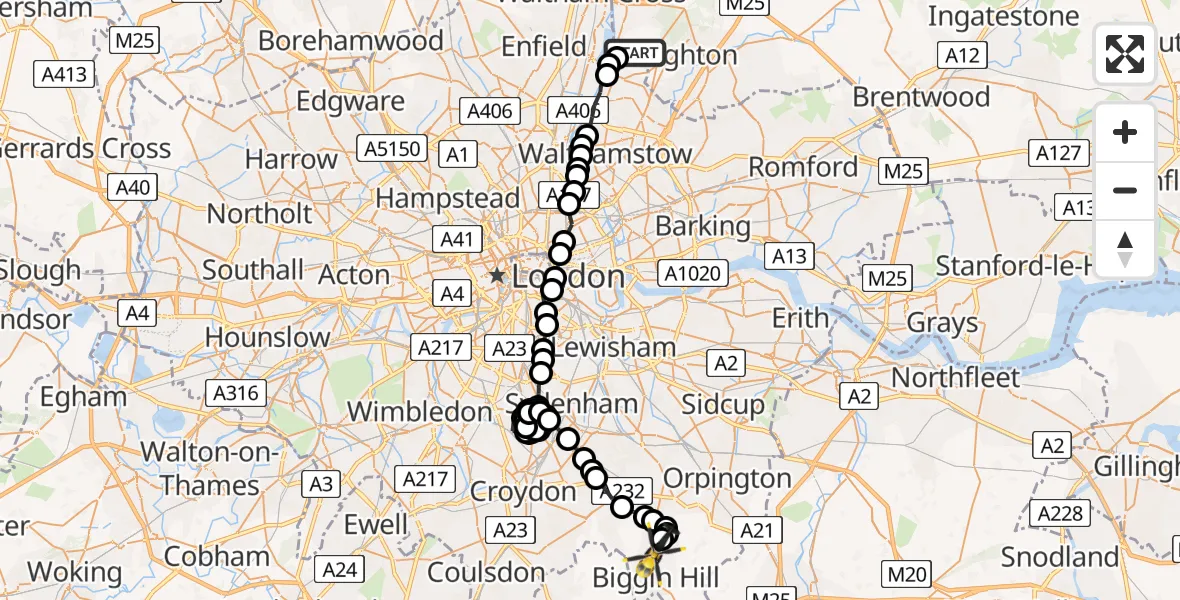 Flight route Police Helicopter Sewardstonebury - London Biggin Hill Airport, 26 May 2026, 18:37