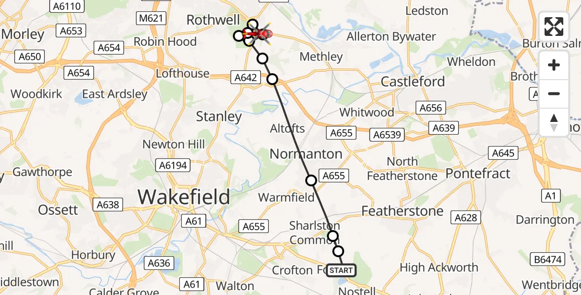 Flight route Air Ambulance Helicopter YAA Nostell Helicopter Port - Oulton, 26 May 2026, 19:01
