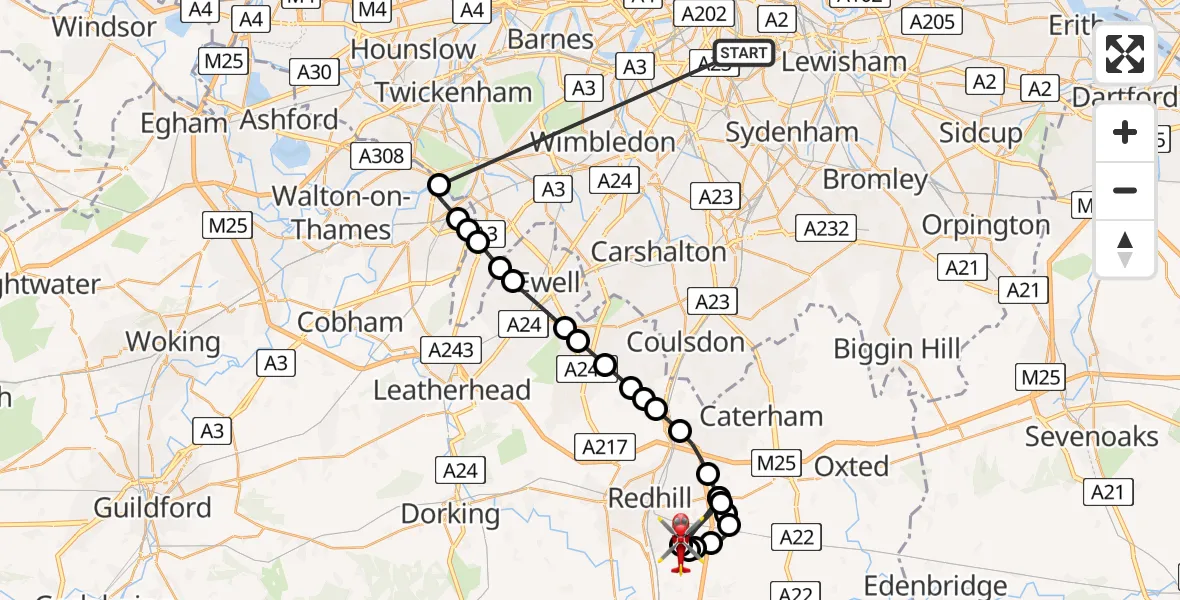 Flight route Air Ambulance Helicopter Kings College London Hospital - Redhill Aerodrome, 26 May 2026, 19:09