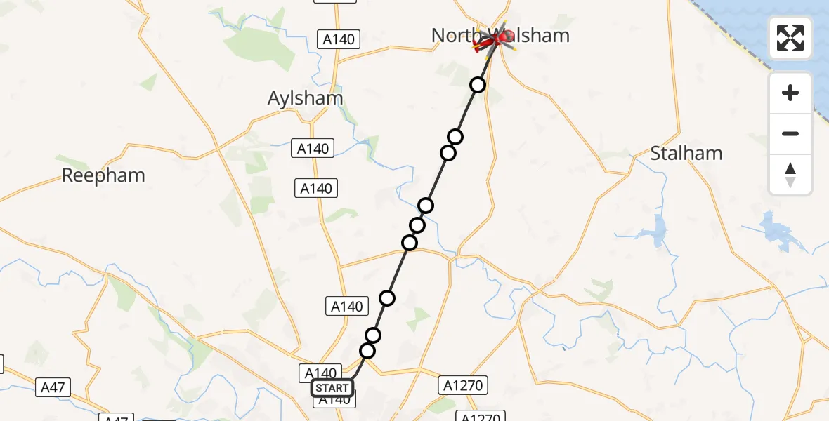Flight route Air Ambulance Helicopter Norwich Airport - North Walsham, 26 May 2026, 19:10