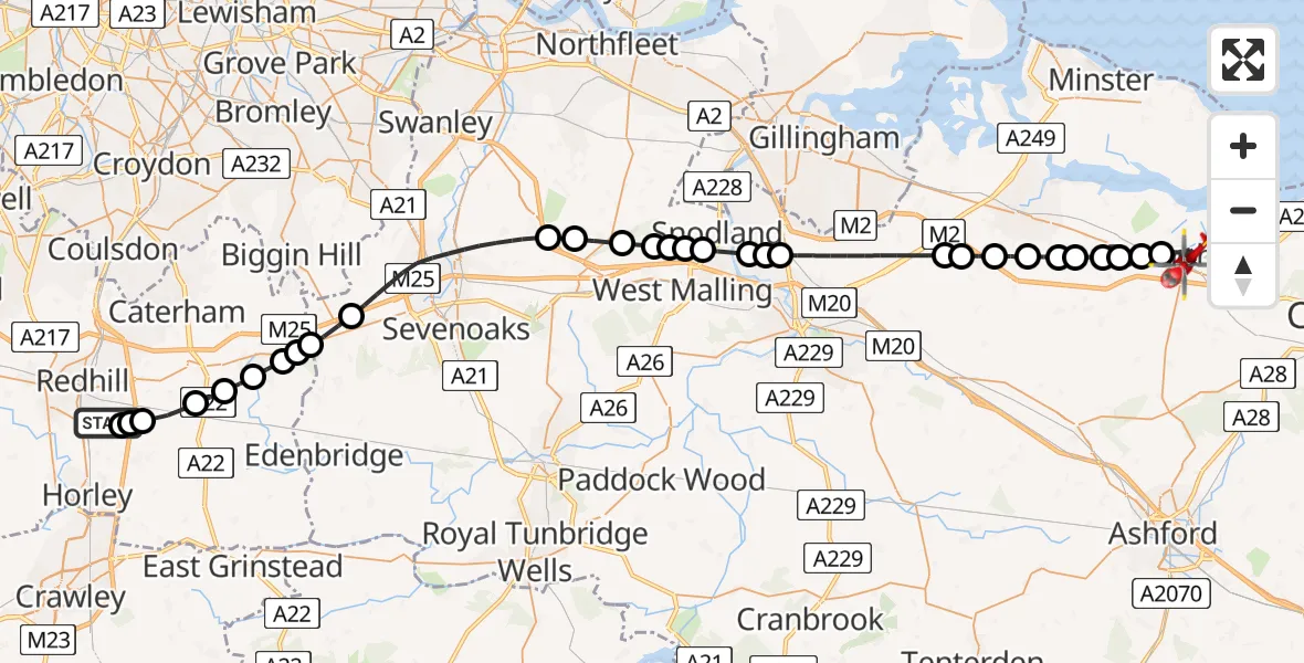 Flight route Air Ambulance Helicopter Redhill Aerodrome - Faversham, 26 May 2026, 19:12