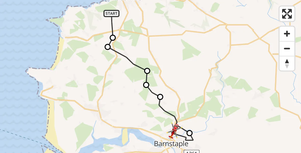 Flight route Air Ambulance Helicopter Ilfracombe - Barnstaple, 26 May 2026, 19:18
