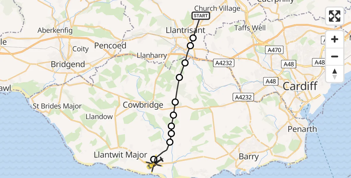Flight route Police Helicopter Beddau - MOD St Athan, 26 May 2026, 19:46