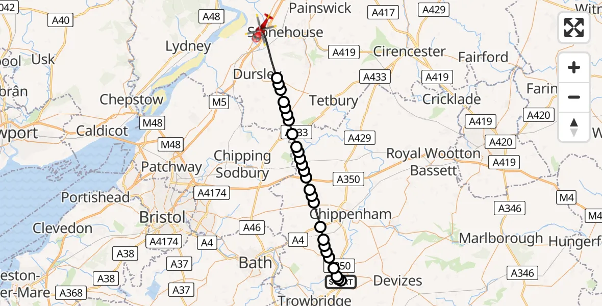 Flight route Air Ambulance Helicopter Wiltshire Air Ambulance - Stroud, 26 May 2026, 19:53