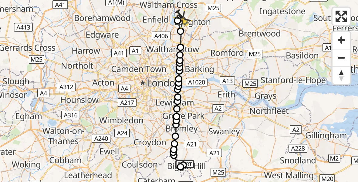 Flight route Police Helicopter London Biggin Hill Airport - Sewardstonebury, 26 May 2026, 20:01