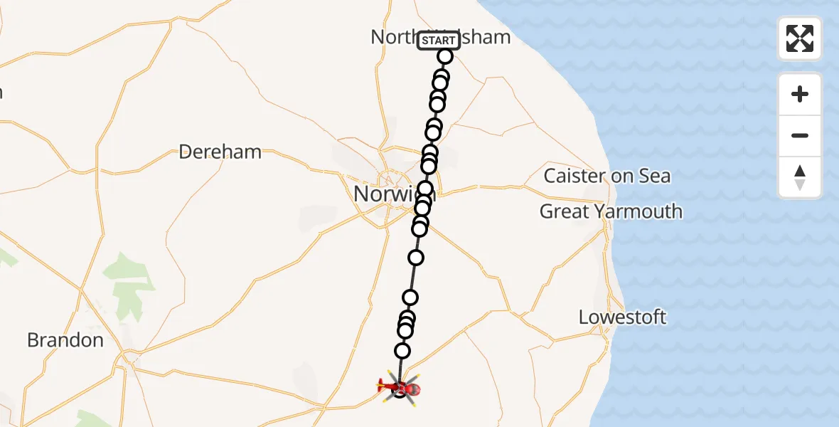 Flight route Air Ambulance Helicopter North Walsham - Weybread, 26 May 2026, 20:06