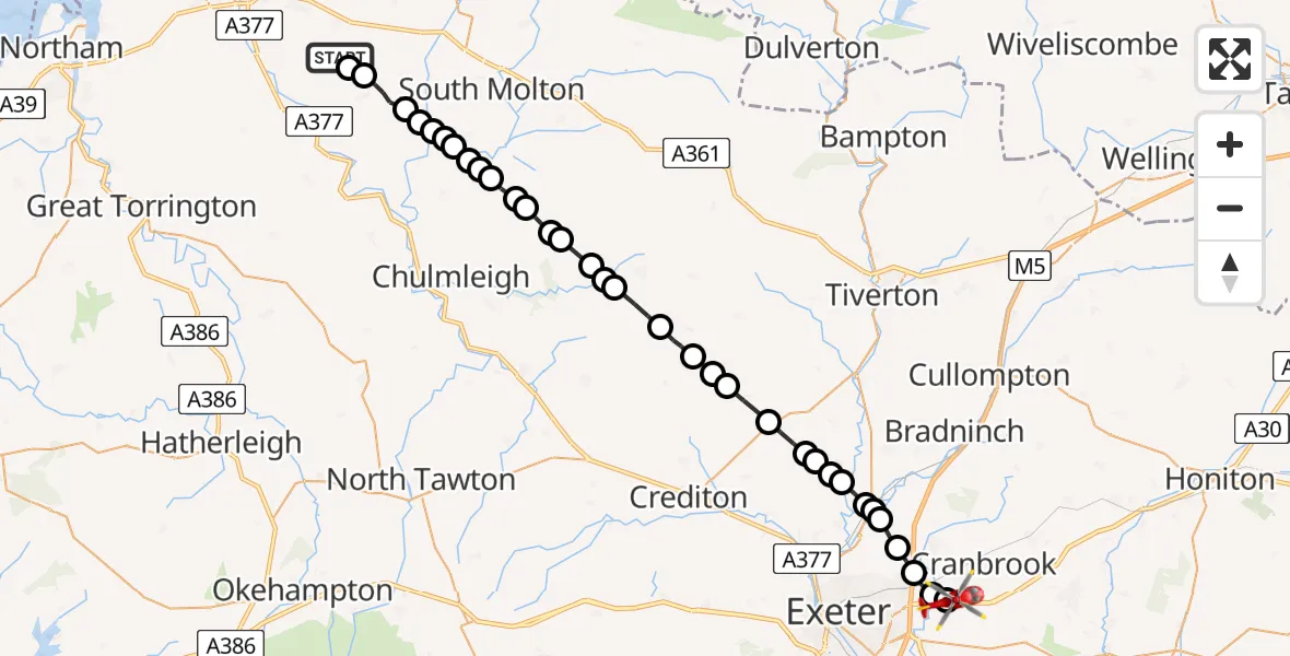 Flight route Air Ambulance Helicopter Swimbridge - Exeter International Airport, 26 May 2026, 20:07
