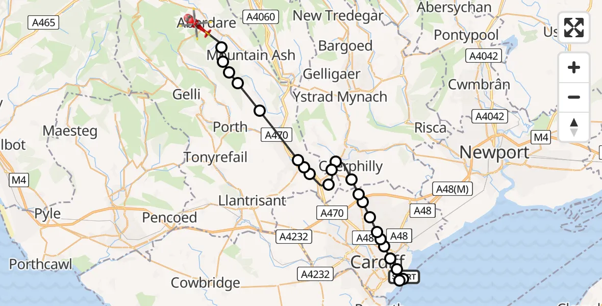 Flight route Air Ambulance Helicopter Cardiff Heliport - Aberdare, 26 May 2026, 20:16