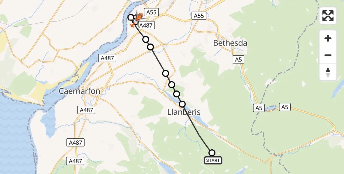 Flight route Coastguard Helicopter Betws Garmon - Aber Pwll, 26 May 2026, 20:46