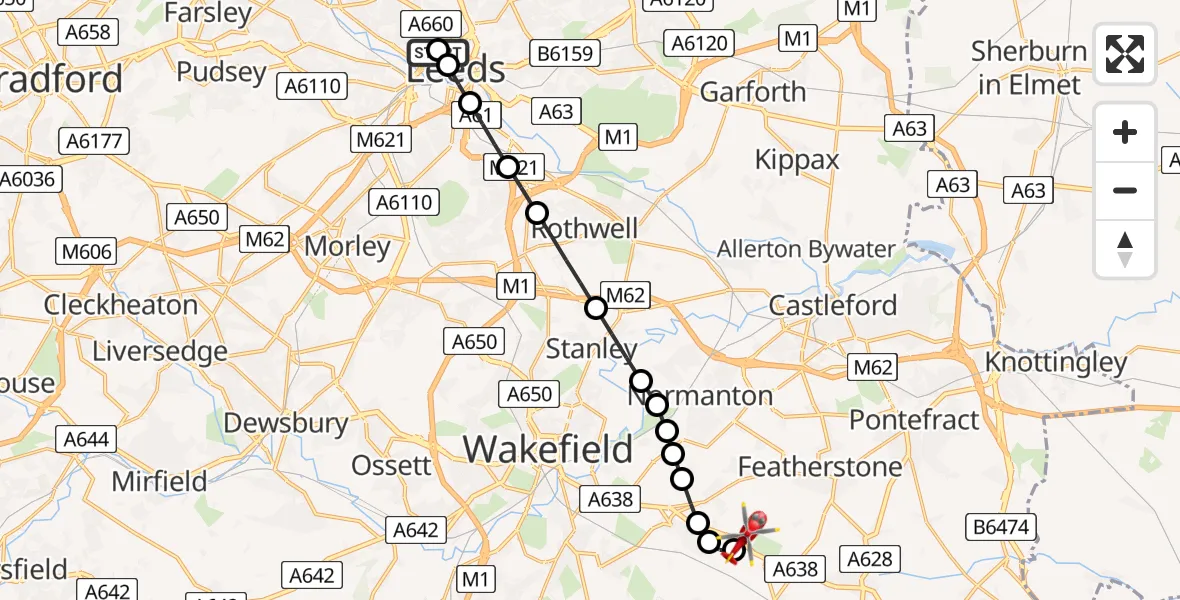Flight route Air Ambulance Helicopter Woodhouse - YAA Nostell Helicopter Port, 26 May 2026, 20:51