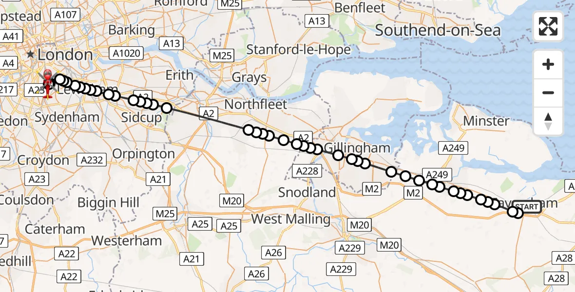 Flight route Air Ambulance Helicopter Faversham - Kings College London Hospital, 26 May 2026, 21:04