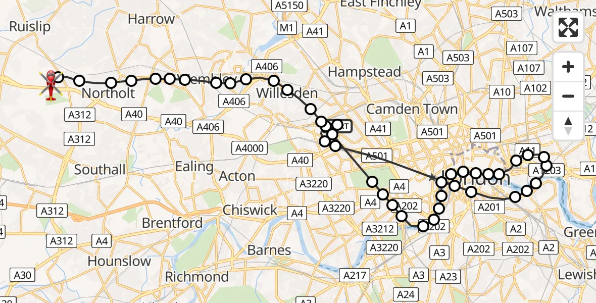 Flight route Air Ambulance Helicopter Queen's Park - RAF Northolt, 26 May 2026, 21:05