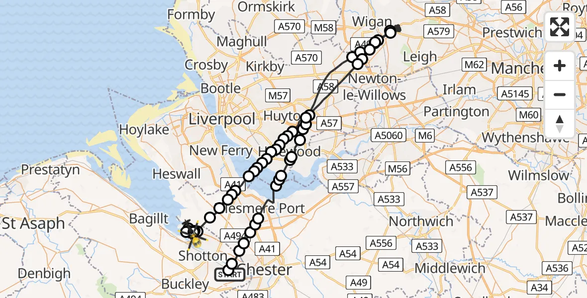 Flight route Police Helicopter Hawarden Airport - Connah's Quay, 26 May 2026, 21:06