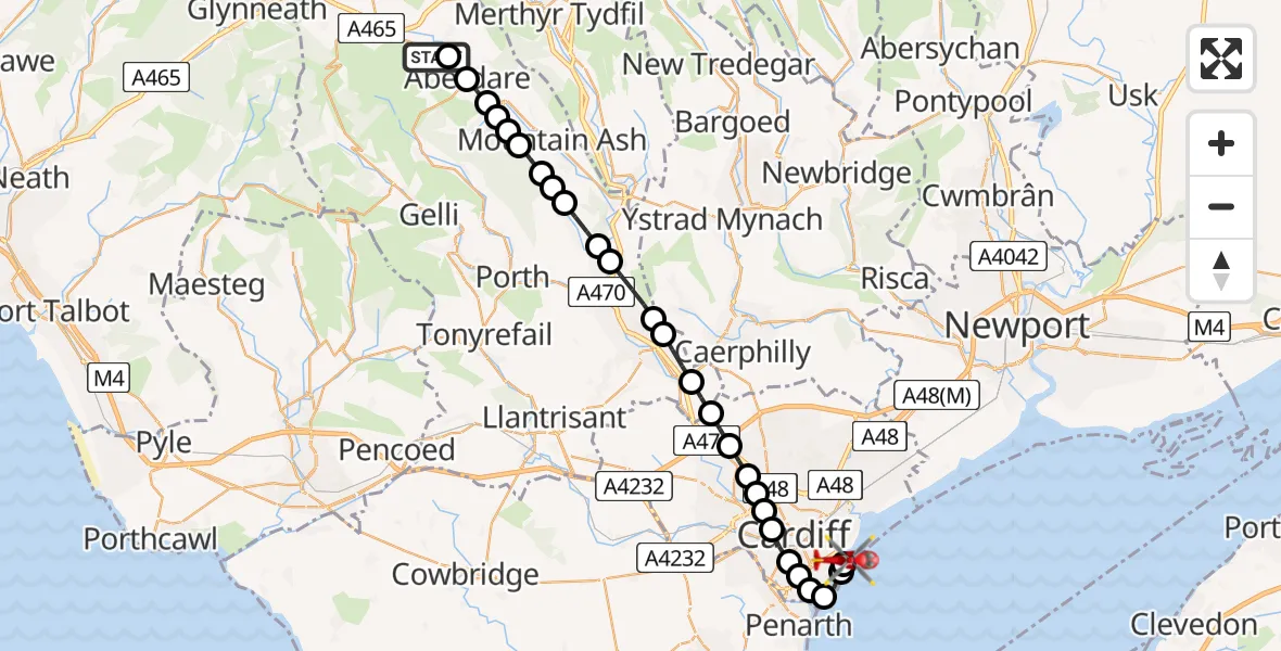 Flight route Air Ambulance Helicopter Cwmdare - Cardiff Heliport, 26 May 2026, 21:17