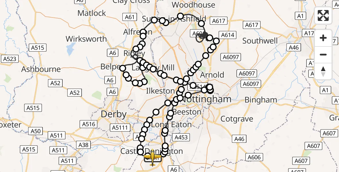 Flight route Police Aircraft East Midlands Airport - East Midlands Airport, 26 May 2026, 21:39
