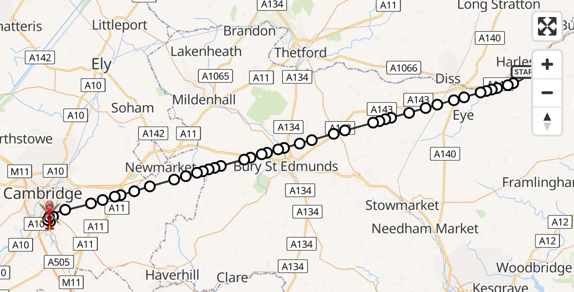 Flight route Air Ambulance Helicopter Weybread - Papworth Hospital, 26 May 2026, 21:42