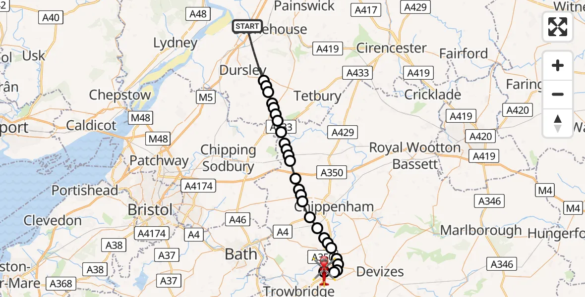 Flight route Air Ambulance Helicopter Stroud - Wiltshire Air Ambulance, 26 May 2026, 22:20