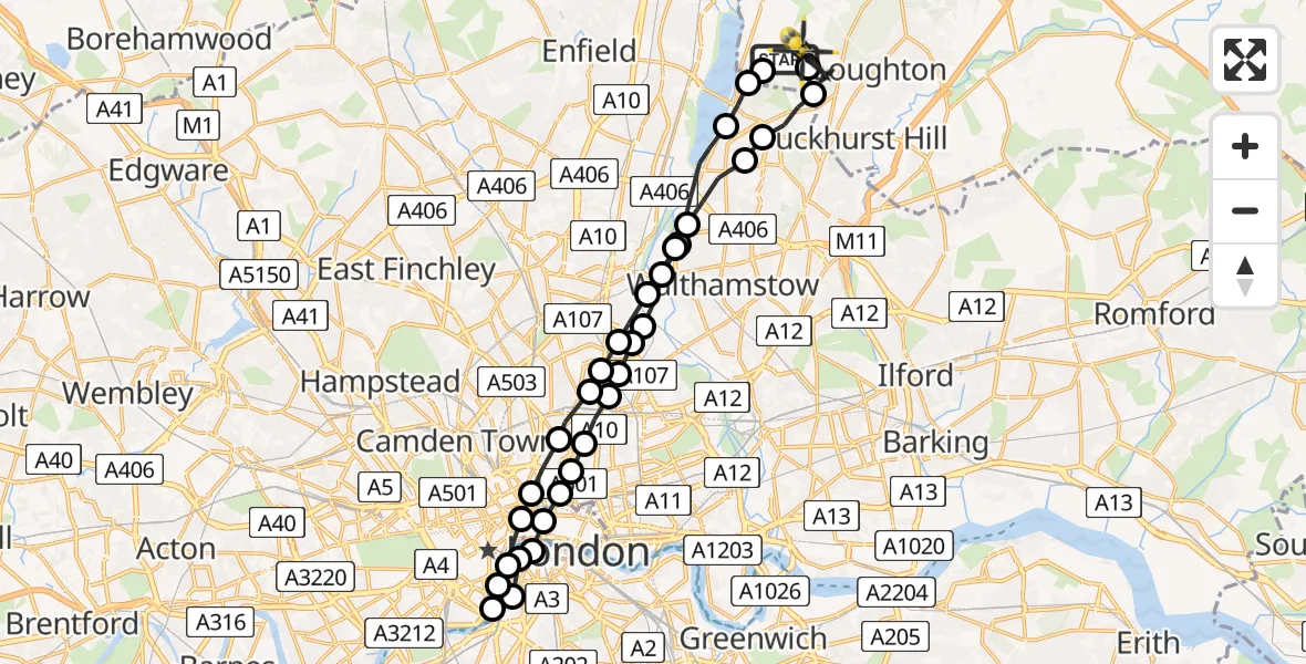 Flight route Police Helicopter Sewardstonebury - Sewardstonebury, 26 May 2026, 22:22