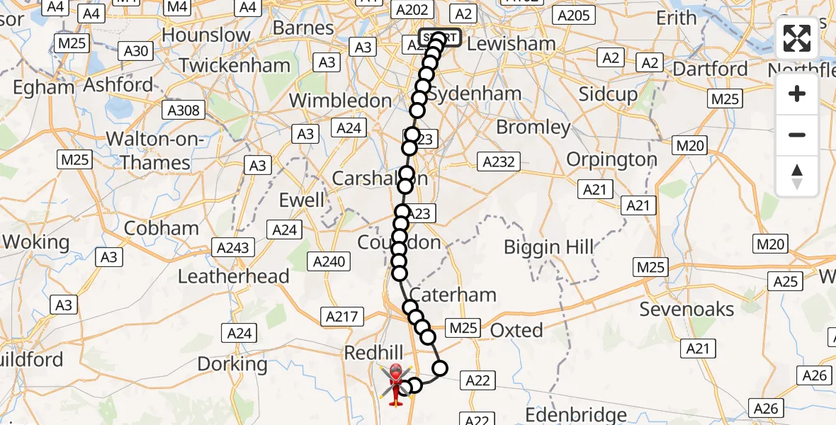 Flight route Air Ambulance Helicopter Kings College London Hospital - Redhill Aerodrome, 26 May 2026, 22:44