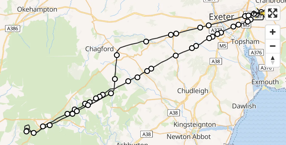 Flight route Police Helicopter Clyst Honiton - Exeter International Airport, 26 May 2026, 22:47