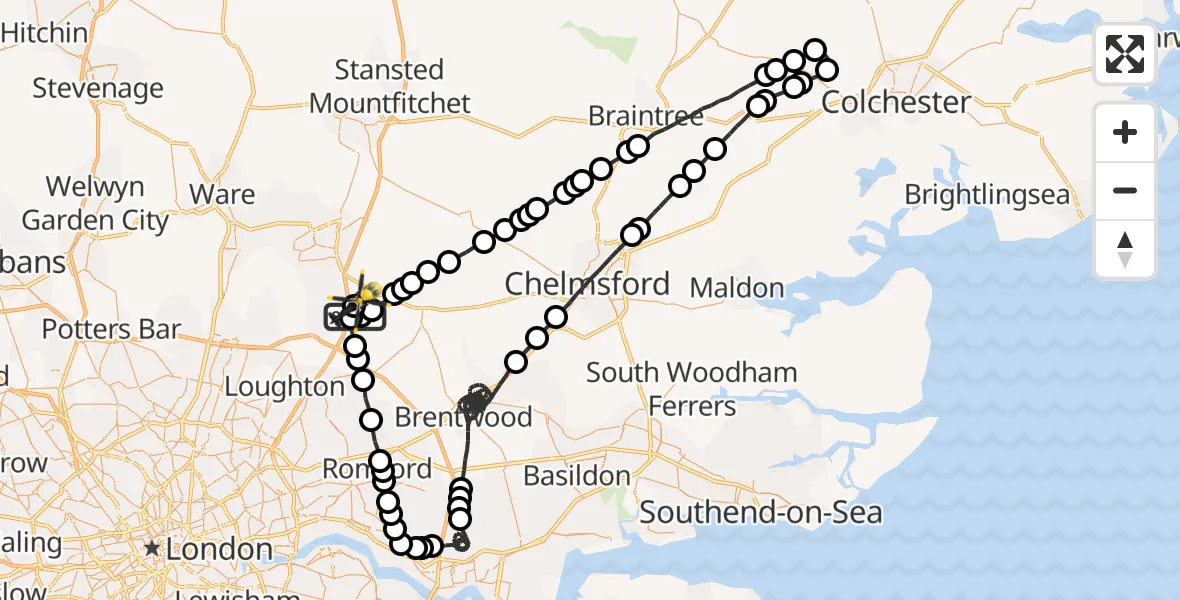 Flight route Police Helicopter Coopersale - North Weald Airfield, 26 May 2026, 22:54
