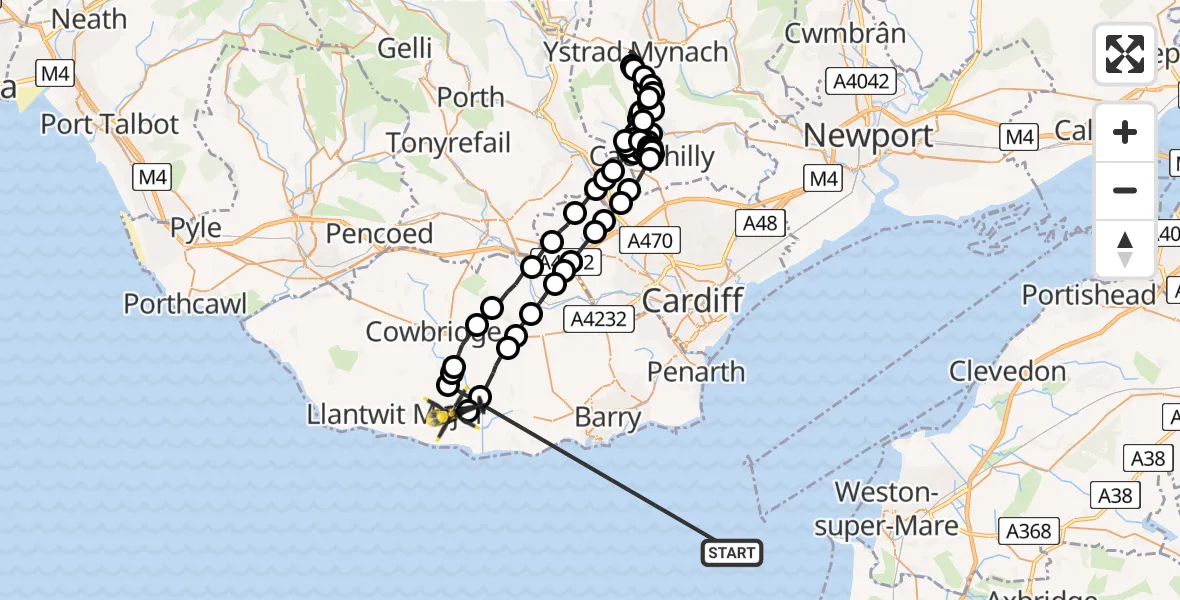 Flight route Police Helicopter Bristol Channel - MOD St Athan, 26 May 2026, 23:10
