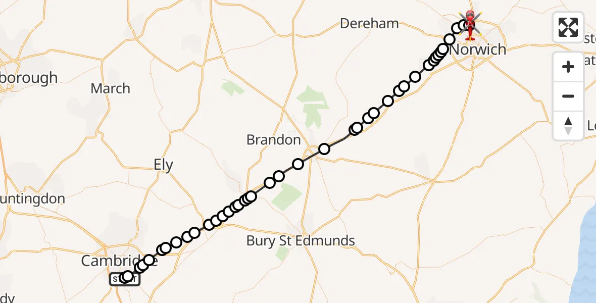 Flight route Air Ambulance Helicopter Papworth Hospital - Norwich Airport, 26 May 2026, 23:28