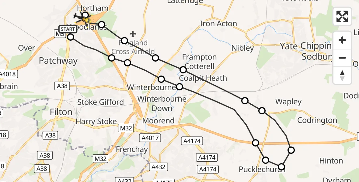 Flight route Police Helicopter Patchway - Almondsbury Helicopter Base, 26 May 2026, 23:41