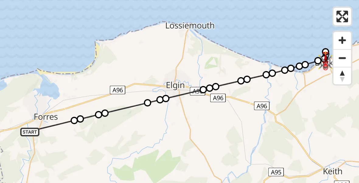 Flight route Air Ambulance Helicopter Forres - Buckie, 26 May 2026, 23:48