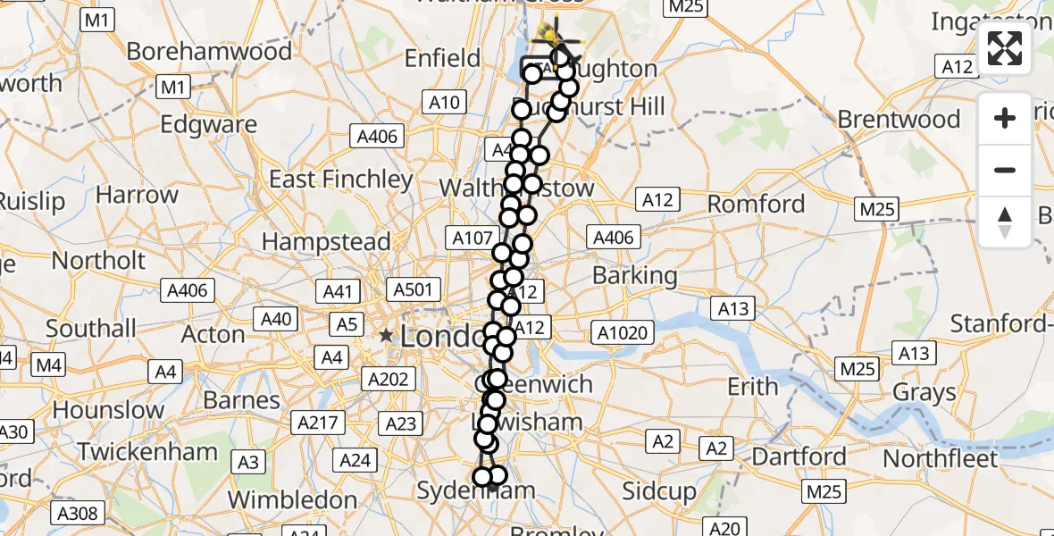 Flight route Police Helicopter Chingford - Sewardstonebury, 27 May 2026, 00:49