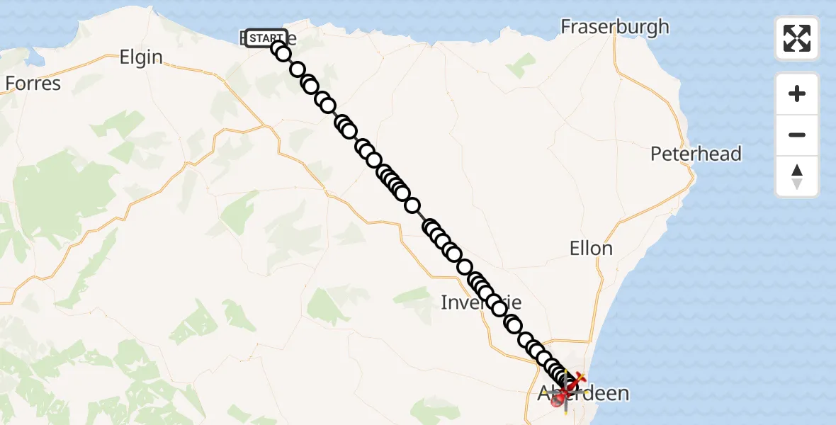 Flight route Air Ambulance Helicopter Buckie - Foresterhill, 27 May 2026, 00:58